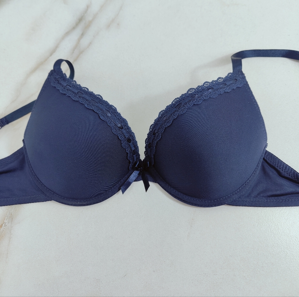 Love Affair Navy Lace Trim Push Up Underwire Bra, Sz 34C